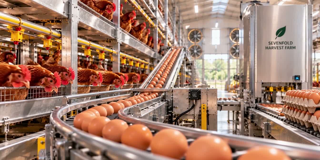 Eggs moving through the layer house on automated collection conveyors. Concept visualisation.