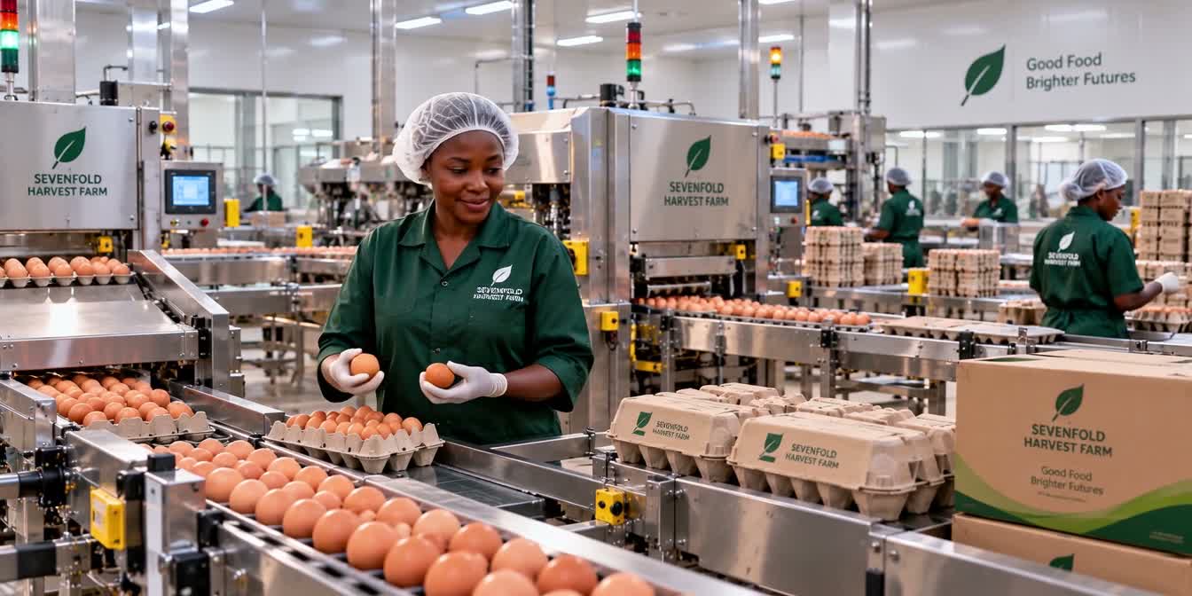 Egg handling and packaging, with staff working beside the packing line. Concept visualisation.