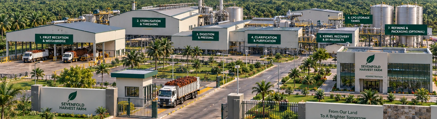 Concept visualisation of the planned Sevenfold palm oil complex, surrounded by palms